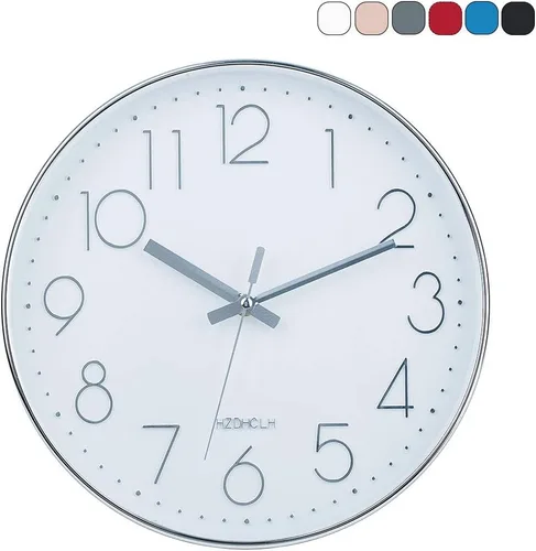 Vista 28 de HZDHCLH Reloj de pared de cuarzo moderno, funciona con pilas, 12 pulgadas, silencioso, sin tictac, números 3D, reloj redondo para pared, reloj