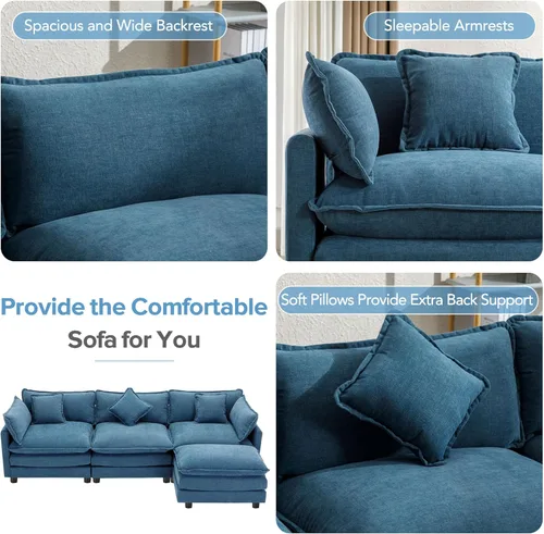 Vista 5 de JUSTONE Sofá modular tapizado de felpilla en forma de L de 111.4 pulgadas para sala de estar, sofá moderno de lujo con otomana, 5 almohadas, (azul)