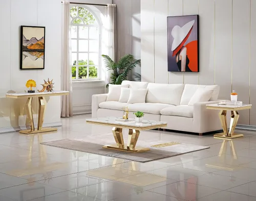 Vista 4 de SSLine Mesa auxiliar rectangular de mármol sintético para sala de estar, moderna mesa central de mármol blanco de lujo con base de diamante dorado
