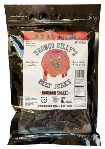 Bolsa resellable de media libra de carne de res con sabor a bourbon Bronco Billy's Beef Jerky