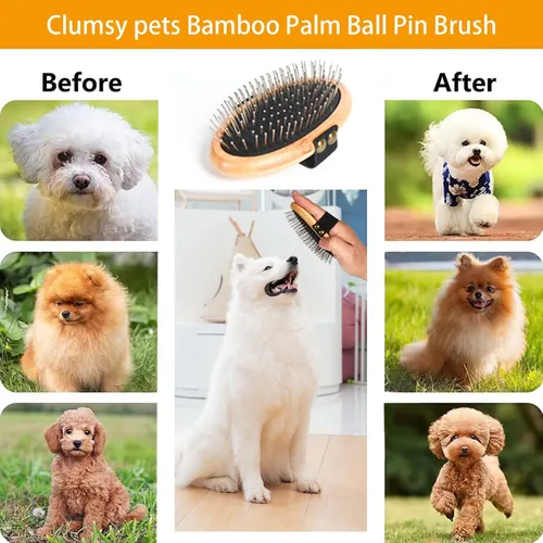 Vista 5 de Pincel de bambú con forma de bola de palmera para perros pequeños y gatos, masaje, desprendimiento y baño, pasador de metal, herramientas