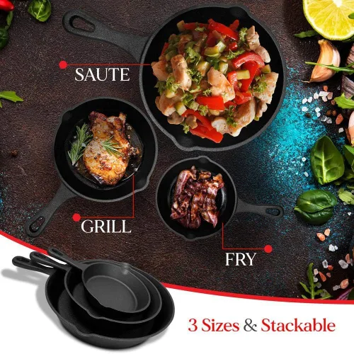 Vista 7 de NutriChef Pre-Seasoned Cast Iron Skillets - 3 Pieces Cast Iron Cookware Set w/Drip Spout and Scraper - Compatible with Induction, Electric Stovetop