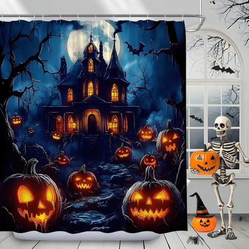 Halloween Shower Curtain Spooky Haunted House Scene with Glowing Pumpkins Full Moon Bats Gothic Dark Forest Castle Bathroom Polyester Curtains Set
