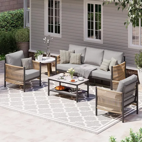 Vista 21 de Sofá de dos plazas de aluminio para patio exterior, sofá de patio de cuerda HDPE con cojín grueso lavable, muebles de patio para todo tipo de clima