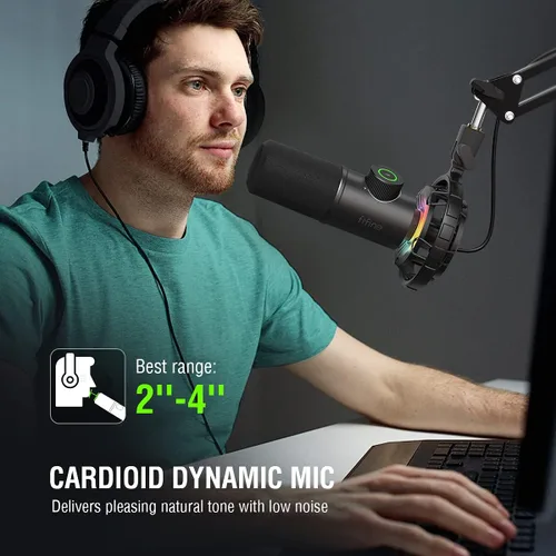 Vista 6 de FIFINE Micrófono USB para juegos, micrófono dinámico RGB para PC, con botón de toque para silenciar, micrófono cardioide Plug & Play con conector