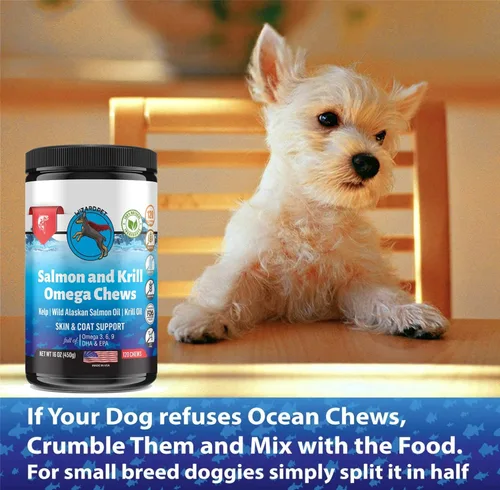 Vista 5 de Wild Alaskan Salmon Krill - Masticables de aceite de krill para perros, 120 golosinas suaves, suplemento de pescado Omega 3 6 9, EPA, DHA para piel