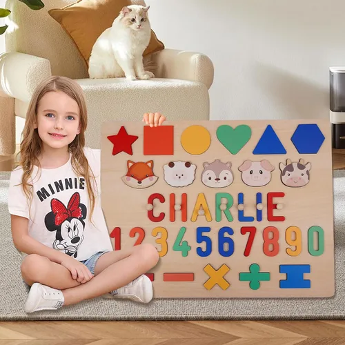 Vista 8 de Rompecabezas personalizado con nombre para niños pequeños de 1 a 3 años, bloques de madera con letras, números y formas, regalos personalizados