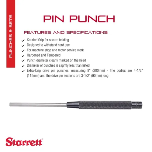 Vista 2 de Starrett Perforadora extralarga con agarre moleteado para introducir pasadores dentro o fuera de una pieza de trabajo, acero endurecido y templado