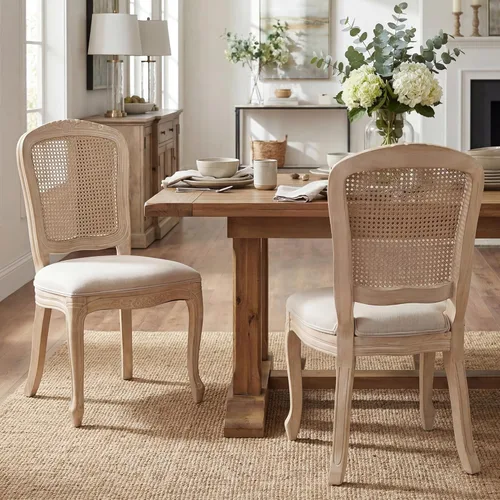 Vista 7 de Juego de 2 sillas de comedor de cuero estilo granja con respaldo redondo de ratán para comedor, sala de estar, restaurante, cocina, color marrón