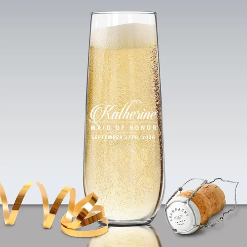 Vista 6 de Copas de champán grabadas personalizadas sin tallo, copas de boda personalizadas con monograma para dama de honor