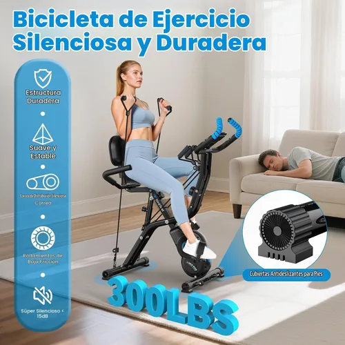 Vista 3 de Bicicleta estática plegable, bicicletas estacionarias multifuncionales para interiores para el hogar con resistencia magnética de 8 niveles