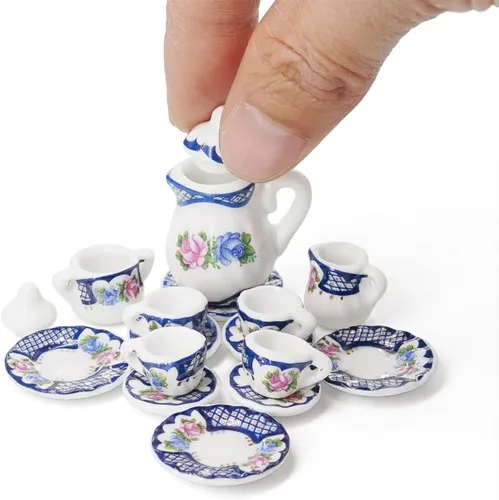 Vista 7 de Odoria Juego de té de porcelana en miniatura 1/12, 15 piezas, accesorios de decoración de casa de muñecas, flor de ciruelo