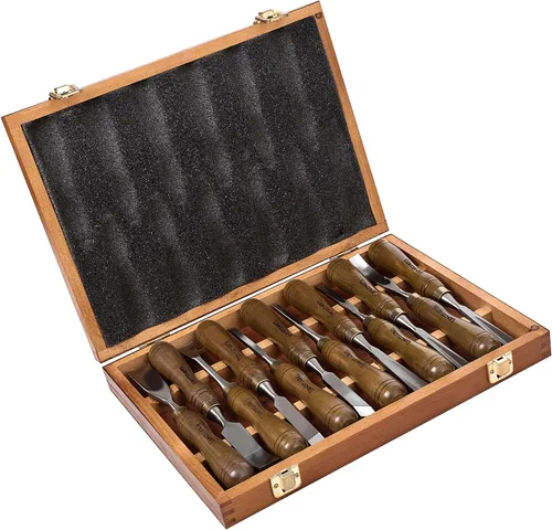Vista 10 de Juego de 12 piezas de herramientas de tallado de madera para carpintería con caja de madera, cuchillas de acero CR-V 60 ultra afiladas