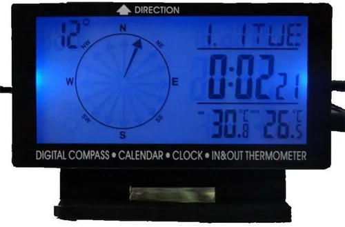 Termómetro digital para coche negro con retroiluminación azul brújula reloj con LCD grande 3.9 pulgadas