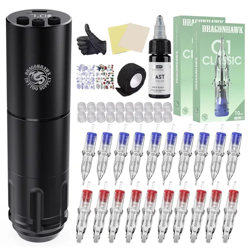 Vista 10 de Dragonhawk Kit de tatuaje A1, máquina de pluma inalámbrica, 20 cartuchos Rojo