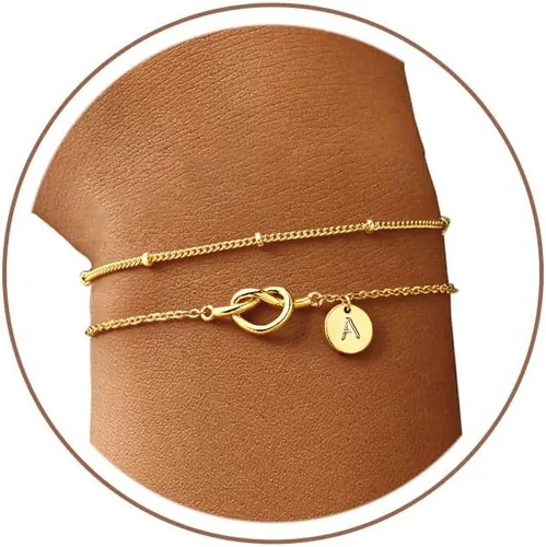 M MOOHAM Regalos de San Valentín para mujeres, niños, delicada pulsera chapada en oro de 14 quilates con nudo en forma de corazón y letra A-Z