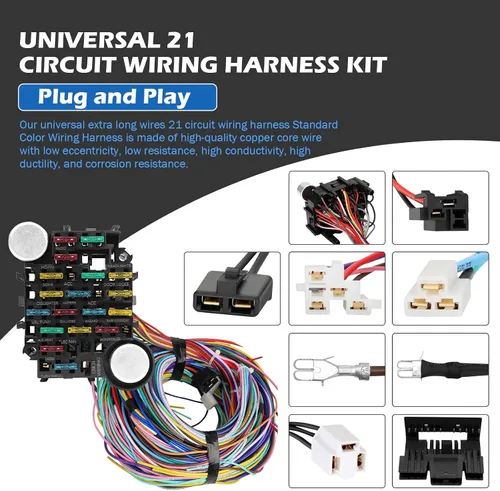 Vista 3 de Kit de arnés de cableado universal – 21 mazos de cableado de circuitos de color estándar kit de reemplazo para Chevy Mopar Hotrods Ratrods Ford