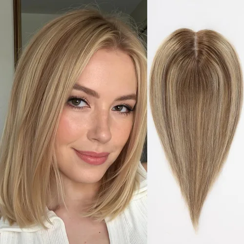 Vista 7 de HAIRCUBE Peluquines Ceniza Rubio para Mujeres de Cabello Humano Real, Extensiones de Cabello Humano 100% Remy de 3.5"*4" Atadas a Mano con Base