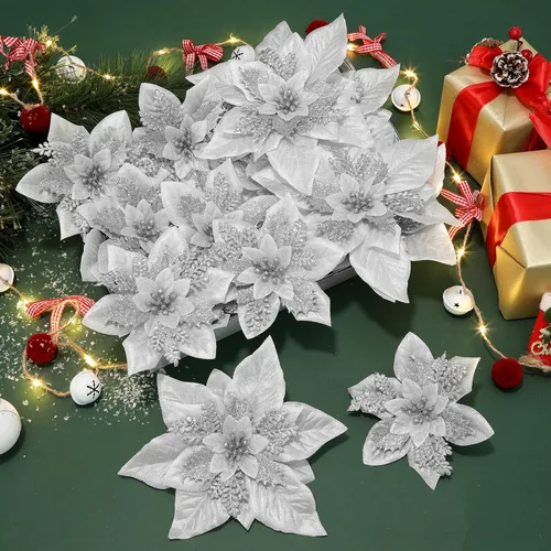 Alupssuc 24 PCS Flores de Pascua Plateadas de Navidad Artificiales, Decoraciones Navideñas con Purpurina para Árbol, Corona, Chimenea, Flores de