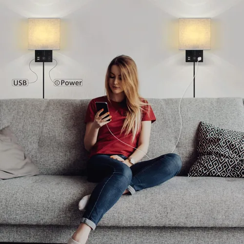 Vista 5 de CADUKE Juego de 2 lámparas de pared para mesita de noche, aplique de pared enchufable con puerto de carga USB y salida de CA, lámpara de pared