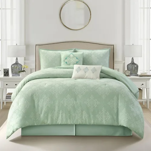 Vista 14 de Conjunto de edredón de algodón Grand Avenue tamaño Queen, 6 piezas, juego de ropa de cama geométrica jaspeada beige, faldón para cama, almohadas