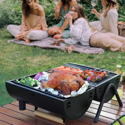 Vista 6 de Parrilla de carbón portátil plegable de doble cara + red de sartén para barbacoa+6 herramientas para acampar al aire libre, barbacoa, parrilla, Negro