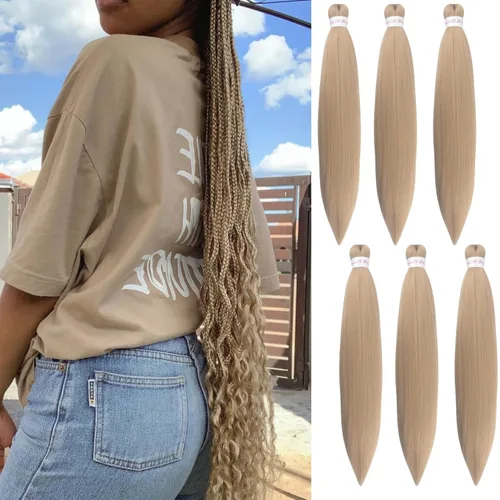 Cabello trenzado rubio ceniza preestirado sin nudos, extensiones de cabello sintético falso para trenzar (paquete de 6)