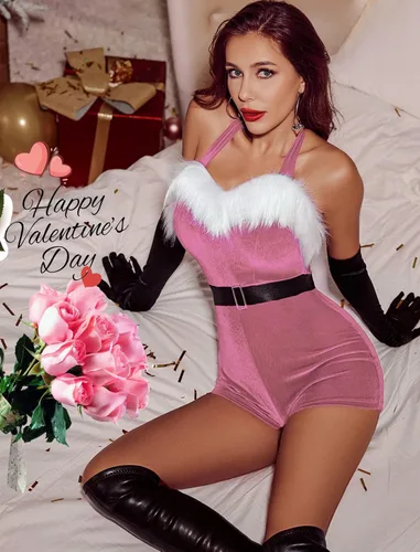 Vista 8 de Avidlove Disfraz sexy de Papá Noel para mujer, mameluco de terciopelo con pantalones cortos de Navidad, lencería con cinturón