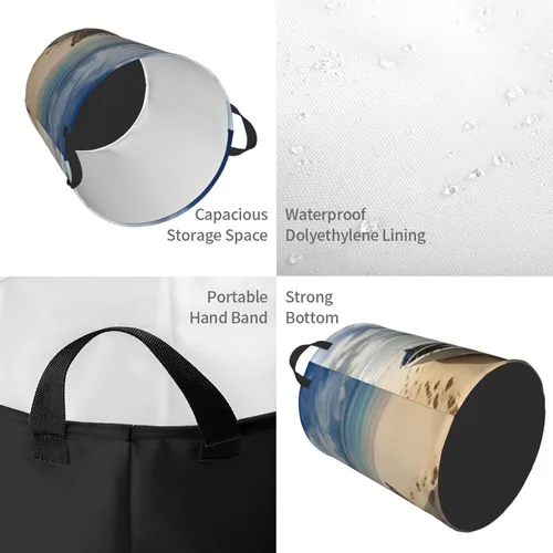 Vista 4 de Boat on the Beach print Circular Hamper Waterproof Storage Bin Organizer Basket Laundry Hamper With Handles For Clothes Toys Small