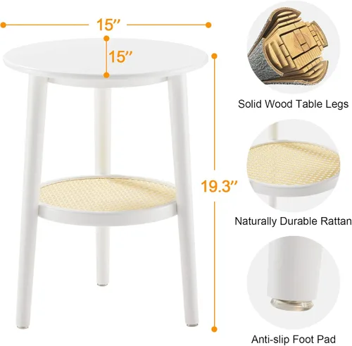 Vista 3 de Apicizon 2 Tier Round Side Table, White Rattan Nightstand Bedside Table with Storage, Boho End Table for Living Room, Bedroom, Small Spaces, Easy