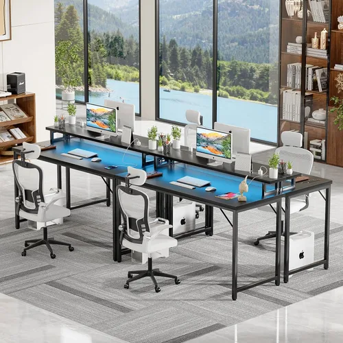 Vista 7 de Escritorio para computadora de 47 pulgadas con tomas de corriente, escritorio de juegos con luces LED, escritorio de trabajo de oficina en casa