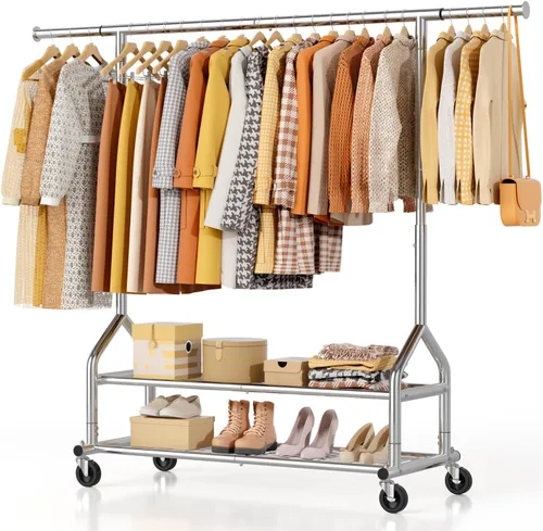 Vista 9 de EAGMAK Perchero de ropa resistente con capacidad de carga de 556 LBS, perchero rodante con estantes, colgador de ropa ajustable en altura