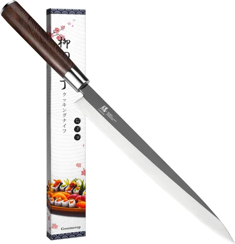 Gourmetop Cuchillo japonés para sushi Sashimi de 10 pulgadas, cuchillo Yanagiba de acero VG10 con Urasuki y bisel cepillado, mango de madera de
