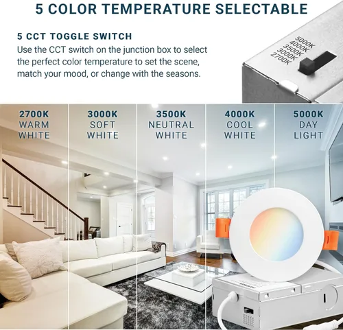 Vista 4 de PARMIDA - Paquete de 6 luces LED empotrables ultrafinas de 3 pulgadas 5CCT con caja de conexiones, 5 colores seleccionables