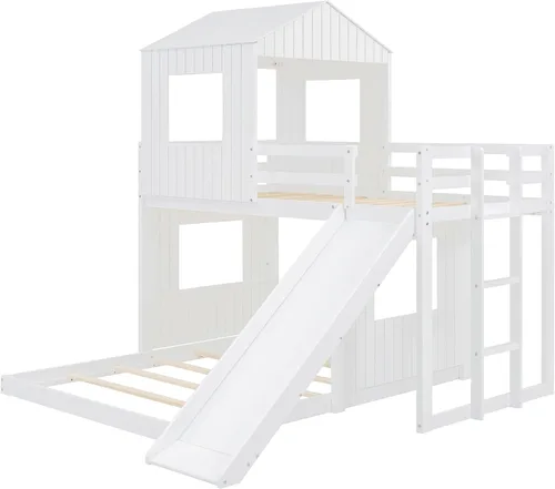 Vista 31 de Marco de litera con tobogán, no necesita somier, gris, individual sobre individual