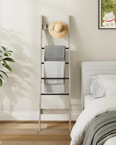 Vista 46 de Escalera para manta para sala de estar, estante decorativo para edredón con 4 ganchos extraíbles, 5 niveles de soporte de escalera de granja Blanco