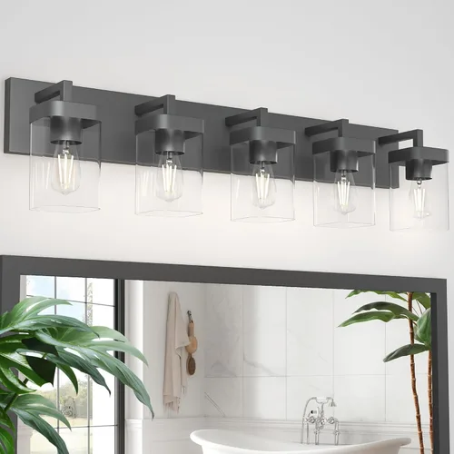 Vista 10 de Juego de 2 apliques de pared, diseño cuadrado, accesorios de iluminación de baño con pantalla de vidrio transparente, luces de pared negras mate