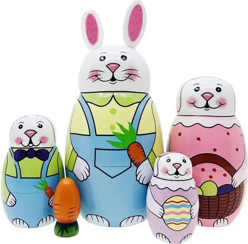 Vista 9 de Muñecas de anidación de ángel rojo rosa Matryoshka de madera rusa, juego de 5 piezas para niños y niñas
