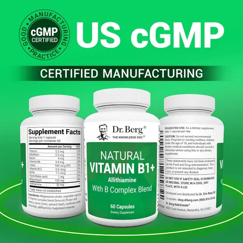 Vista 5 de Dr. Berg Vitamina Natural B1 B6 B12 Complejo - Suplemento de Vitamina B1 de Allithiamina con 8 Vitaminas Esenciales del Complejo B para Hombres