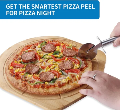 Vista 5 de Fiery Chef Pala de pizza de bambú de 12 pulgadas, tabla de cortar de madera ligera y lisa con 8 ranuras para rebanadas, accesorios para horno