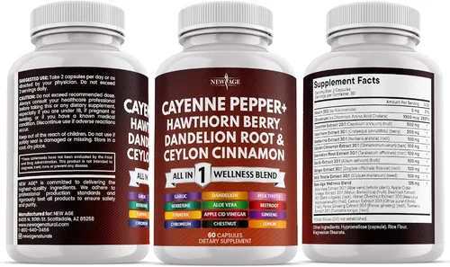 Vista 6 de NEW AGE Suplemento de cápsulas de pimienta de cayena con bayas de espino, raíz de diente de león, canela de Ceilán, ajo, jengibre, ACV, cardo