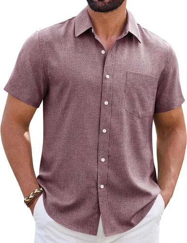 Vista 15 de Camisa de lino para hombre, de manga corta, sin arrugas, casual, sin pliegues, con botones, para playa, transpirable, para verano