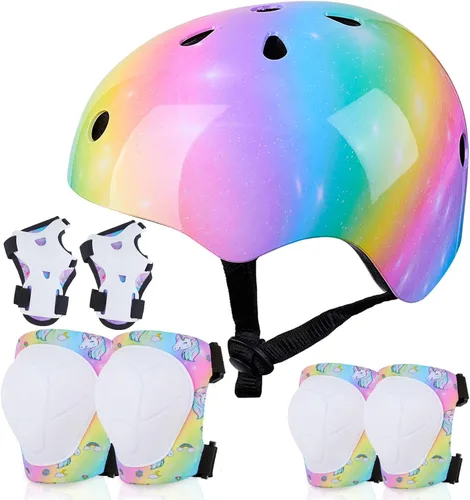 Vista 9 de Casco para niños FIODAY, rodilleras para niños, coderas de unicornio, muñequeras, juego de equipo protector ajustable para niñas y niños