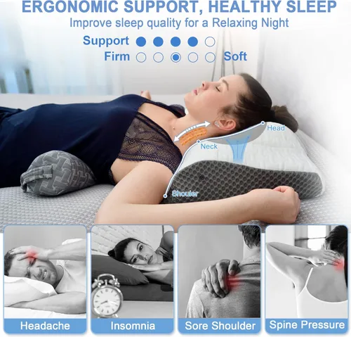 Vista 7 de Elviros Almohada cervical de espuma viscoelástica para aliviar el dolor de cuello, almohadas ortopédicas de tracción de contorno para dormir