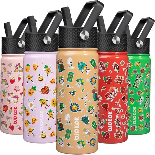 Vista 30 de BJPKPK Botella de agua con tapa con pajilla, botella de agua aislada de 15 onzas, botellas de agua de metal de acero inoxidable, termo reutilizable