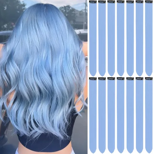 Vista 13 de 20 extensiones de cabello de colores, coloridas extensiones de cabello sintético con clip, extensiones de cabello sintético largo y lacio