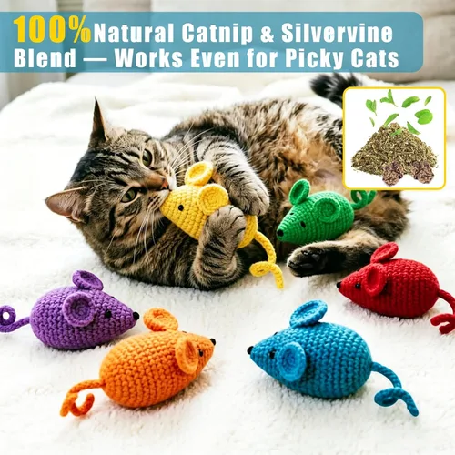 Vista 3 de Retro Shaw Juguetes de hierba gatera de ganchillo, 6 piezas de hilo para pezón de gato, ratones seguros para limpieza de dientes, juguete masticable