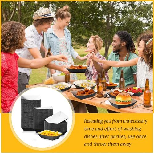 Vista 6 de Yinkin 100 bandejas de papel para alimentos, barco, Navidad, 2 libras, bandejas desechables para nachos, bote de papel kraft para tacos, concesión