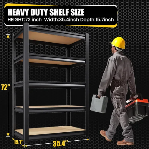 Vista 2 de Estantería de garaje de 5 niveles resistente, estantes de garaje de 2000 libras, estantería de metal ajustable, estantes de almacenamiento