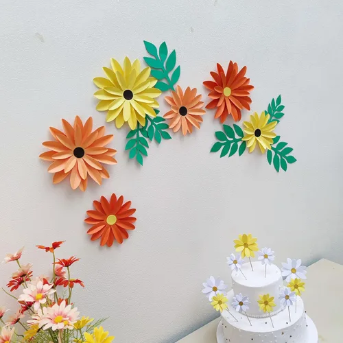 Vista 4 de Girasoles de papel con hoja para telón de fondo de boda, despedida de soltera, centros de mesa de boda, decoración de pared de guardería